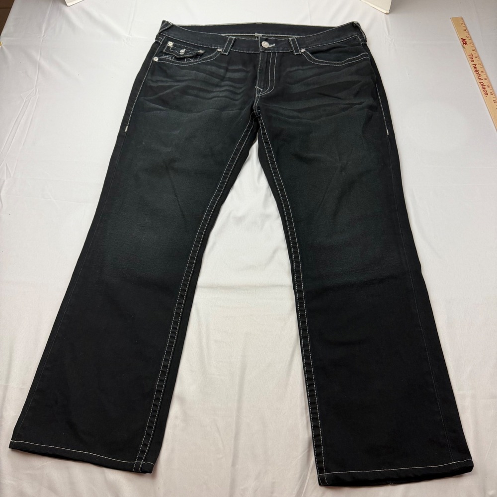 True Religion Basic Straight Mens Size 40x32 Black White Contrast Stitch Jeans
